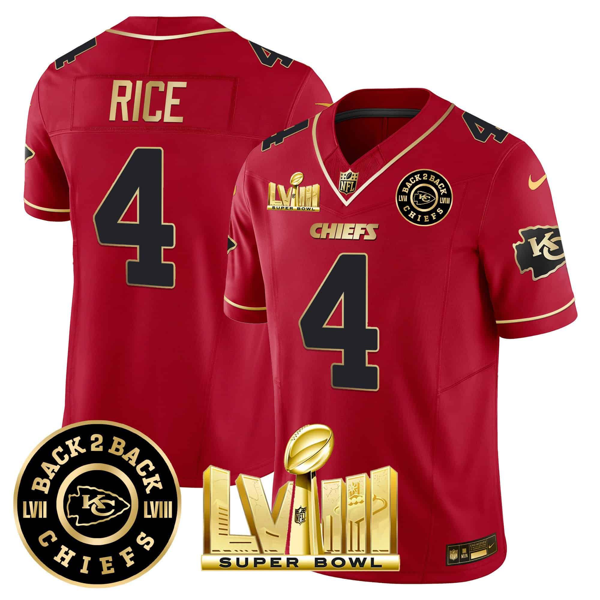 Men Kansas City Chiefs #4 Rice Red 2024 Nike Super Bowl LVIII & Back-2-Back Patch Vapor NFL Jersey style 2
